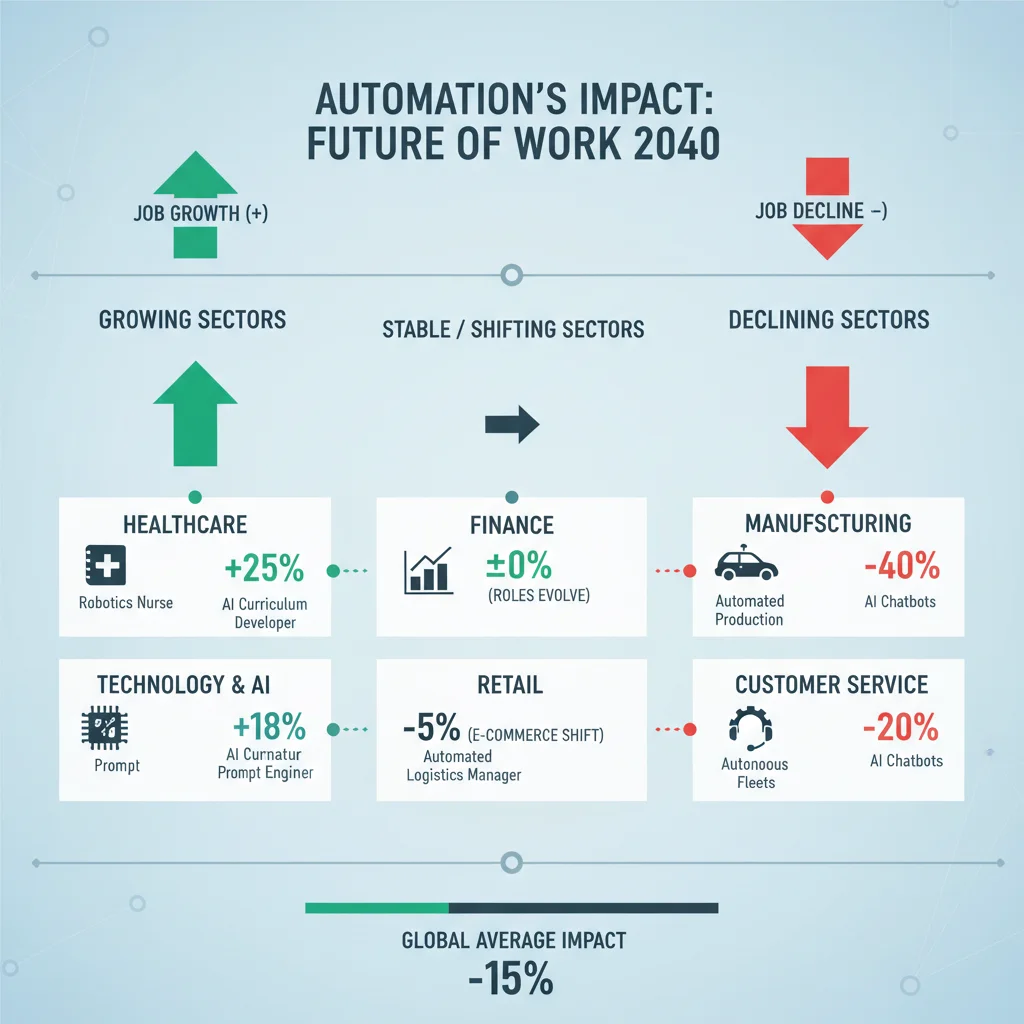 Infographic displaying industry-specific job impact from automation by 2030, showing trends and affected sectors.