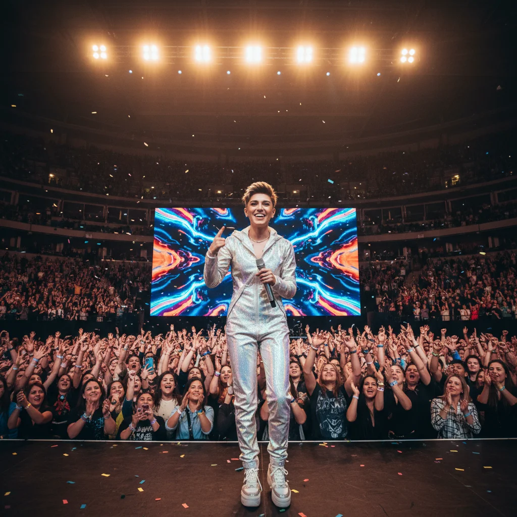 Charismatic TikTok star performing live on stage for an enthusiastic audience.