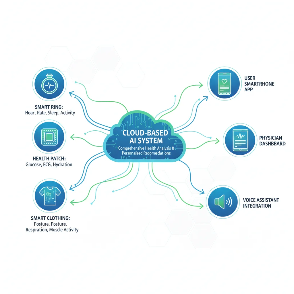 Infographic showing interconnected wearable health devices and AI-driven health analysis.