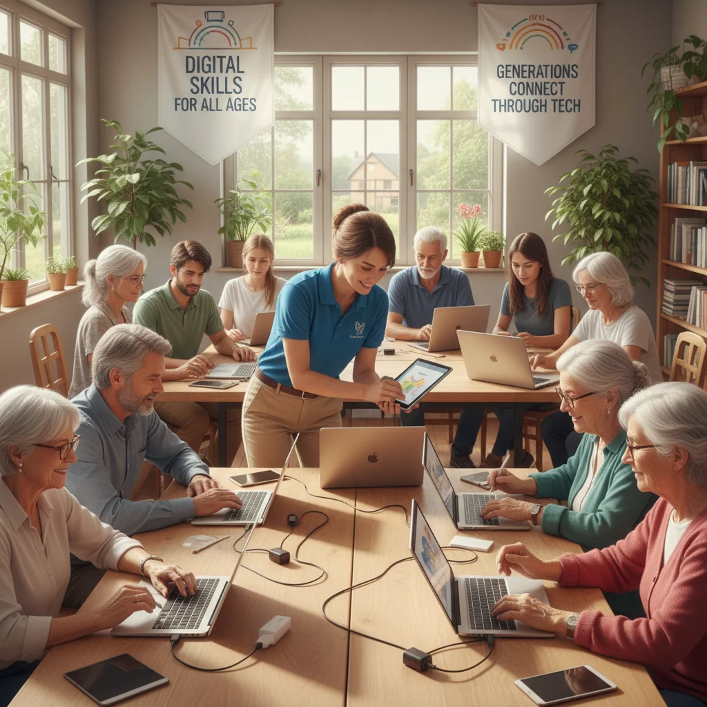 Intergenerational group learning digital skills in a community workshop