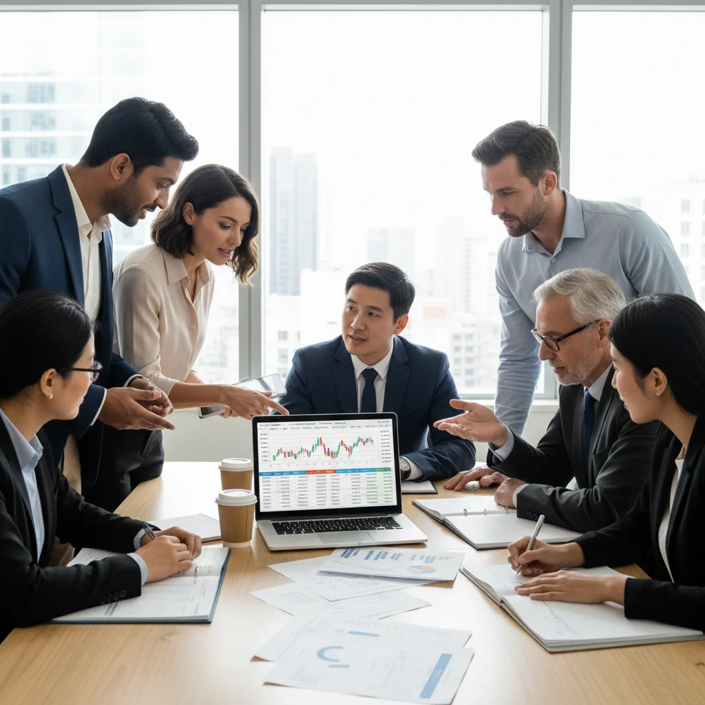 Diverse investors discussing financial statements and investment portfolios, symbolizing collaborative tax planning.