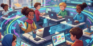 Diverse K-12 students engaging with online learning tools in a modern classroom setting.