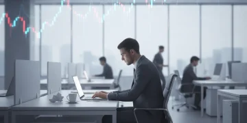 Employee feeling isolated in a modern office, symbolizing the economic burden of loneliness in business.