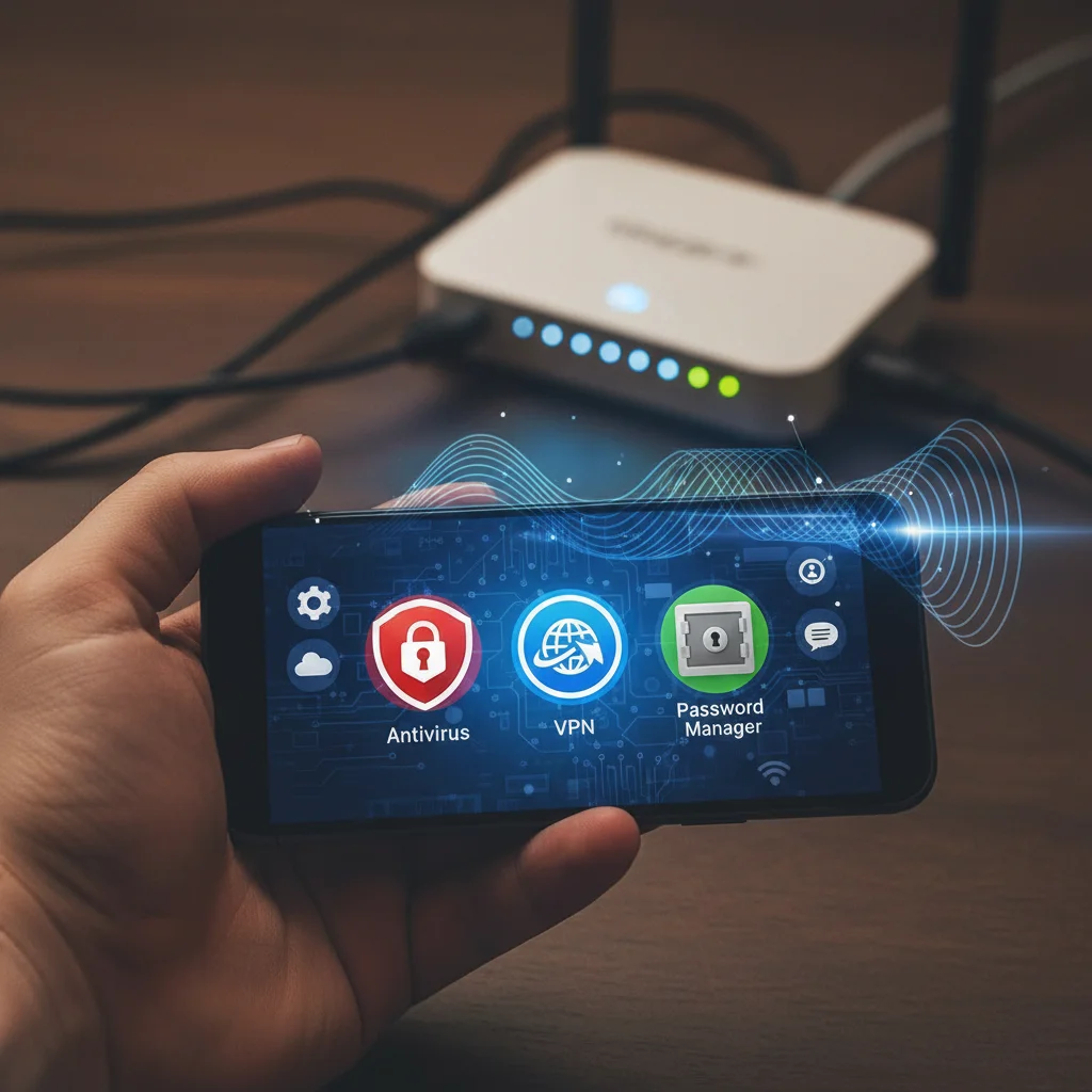 Smartphone displaying security app icons, illustrating active management of smart device protection.