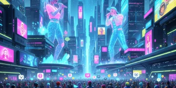 Metaverse Pop Culture 2026: Virtual Worlds Reshaping Fandoms Futuristic metaverse cityscape with virtual concert and interacting digital avatars