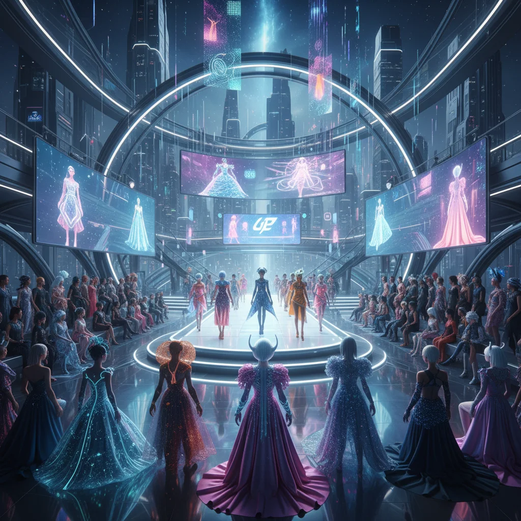 Digital avatars at a metaverse fashion show wearing unique digital clothing