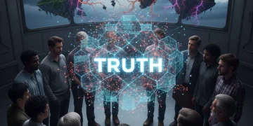 Diverse individuals engaging with information, symbolizing truth and misinformation in a fragmented society.