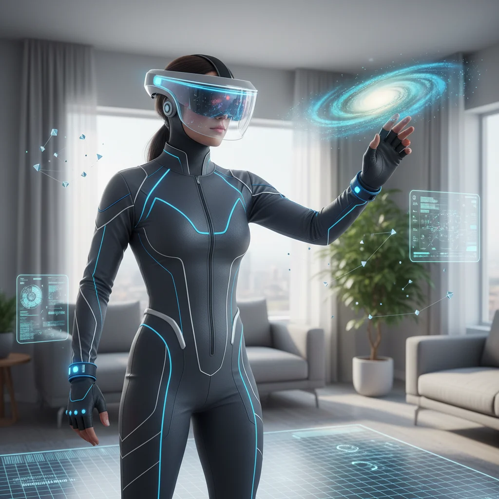 Person experiencing mixed reality with a futuristic headset, interacting with holographic elements.