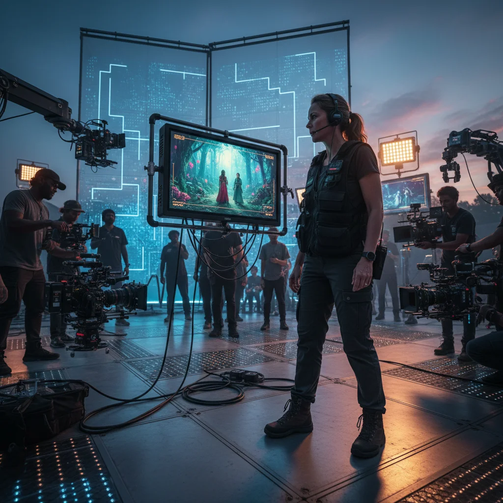 Director on a modern film set overseeing advanced production technology.