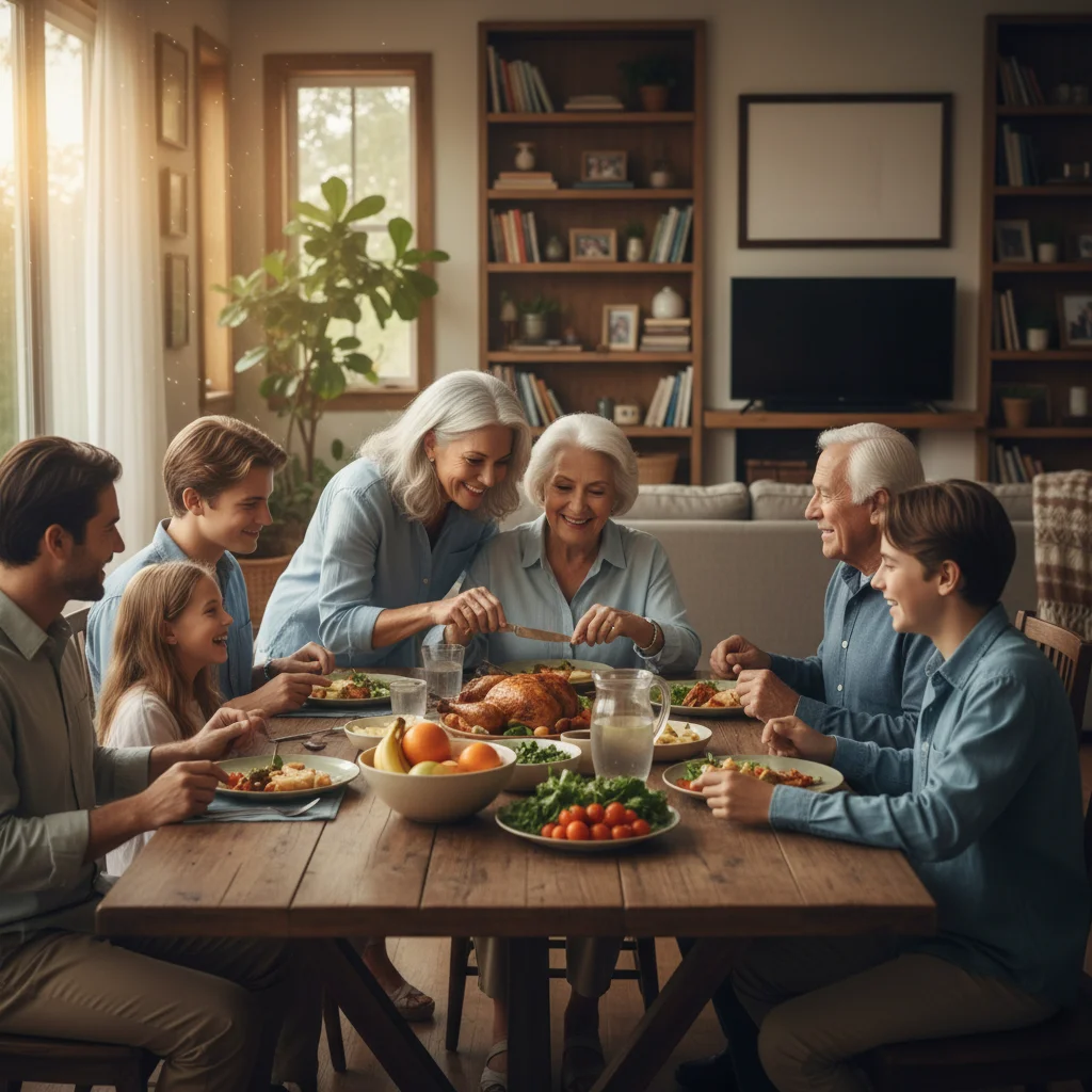 Multi-generational family sharing a meal, symbolizing intergenerational support and family care.