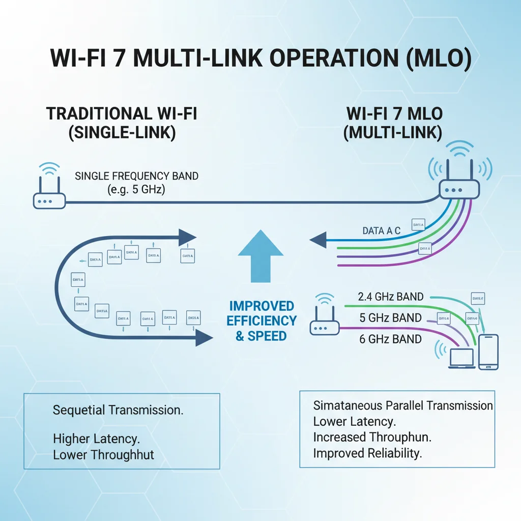 Diagram showing Multi-Link Operation (MLO) in Wi-Fi 7 with data flow