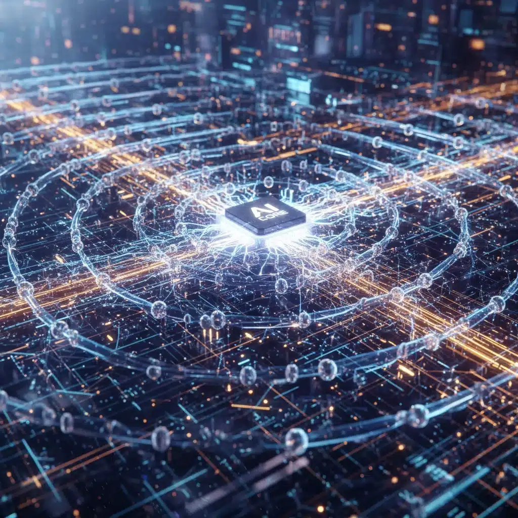 Visual representation of a neural network processing data on an AI chip