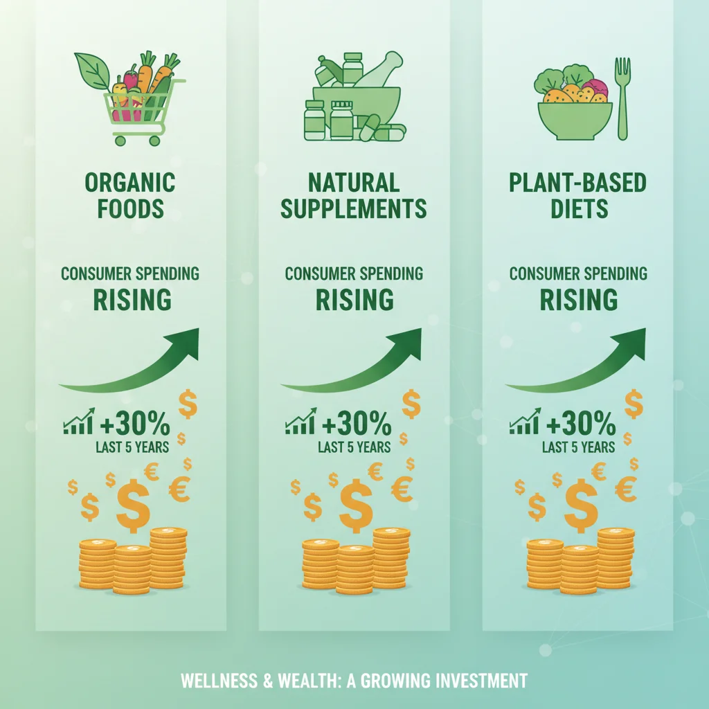Infographic showing increasing consumer spending on organic food, supplements, and plant-based diets, illustrating the nutrition sector's growth.