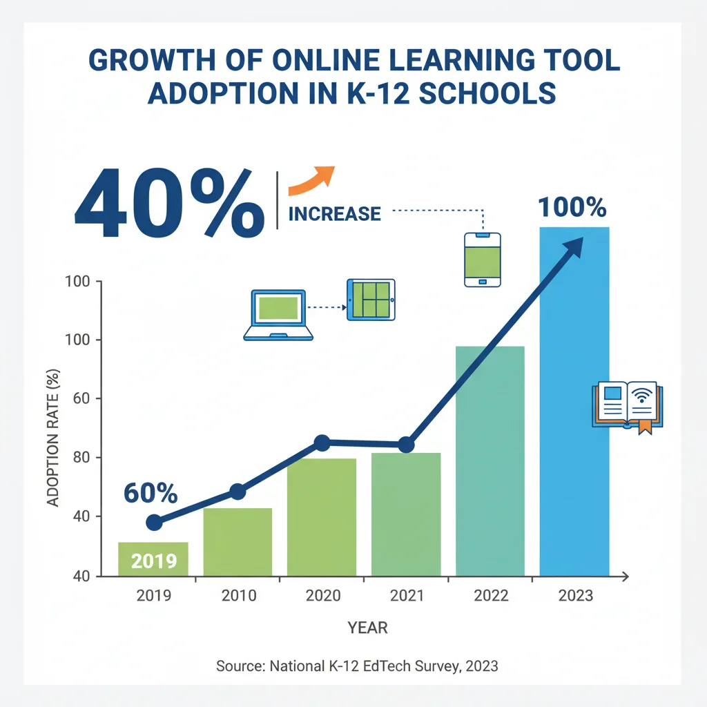 Infographic showing 40% increase in K-12 online learning tool adoption.