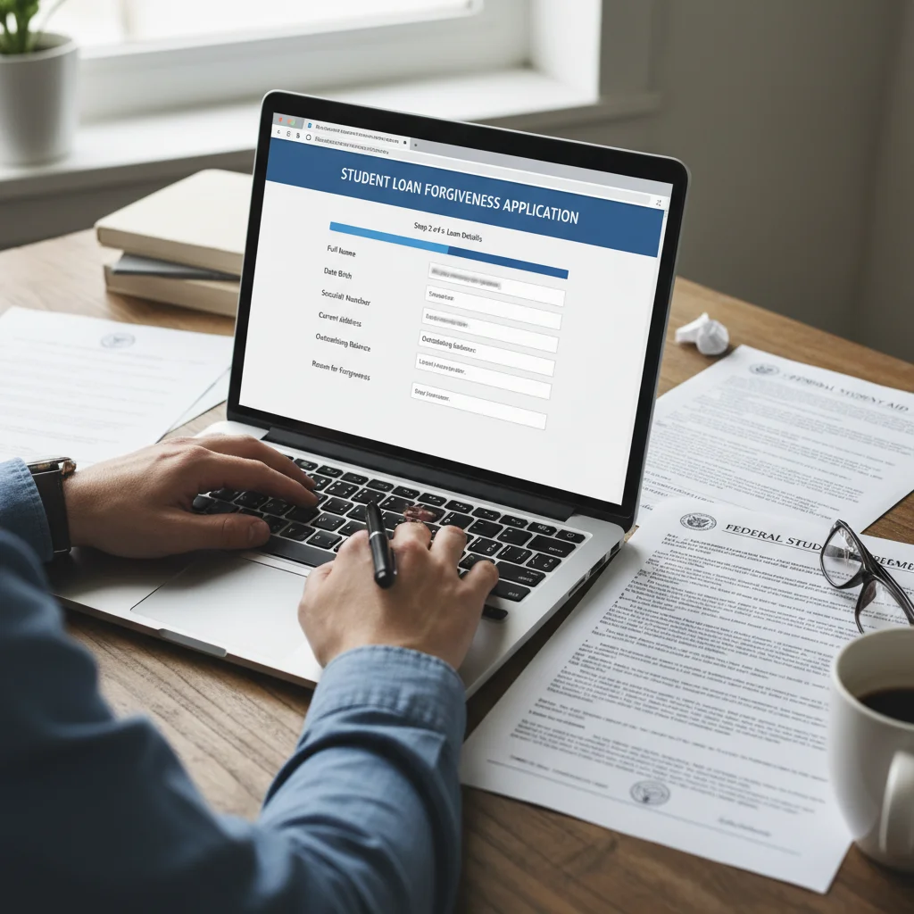 Person filling out online student loan forgiveness application form.