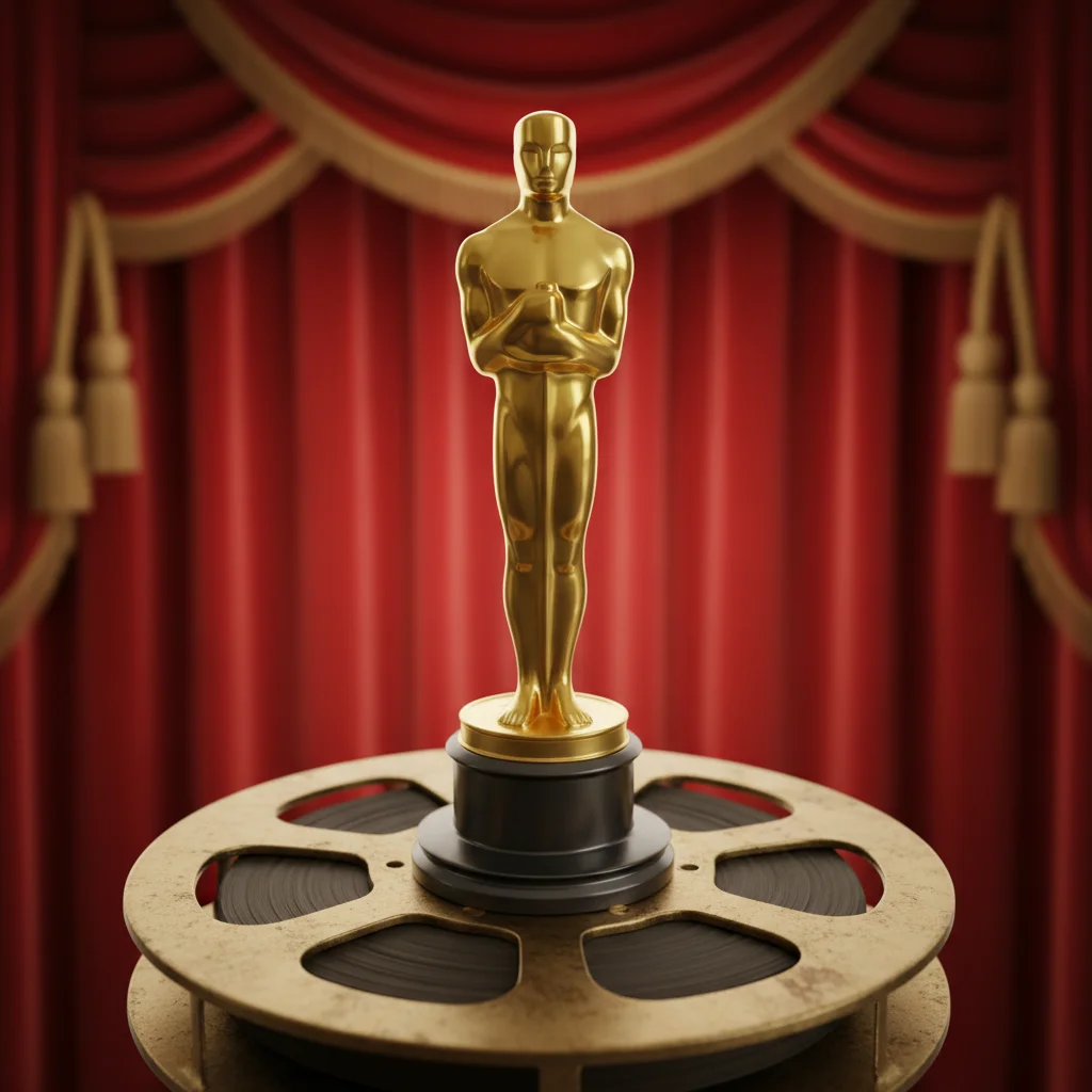 Oscar statue on film reel with theater curtain background