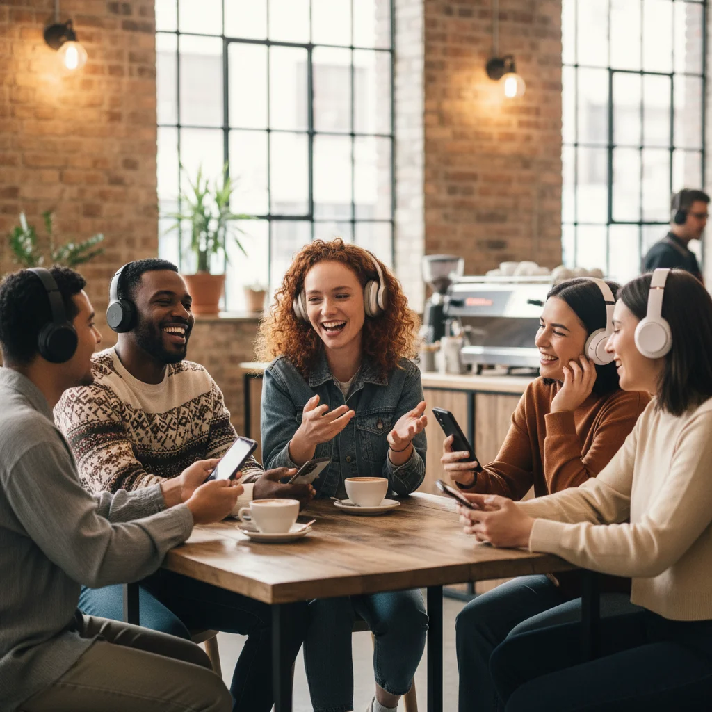 Young adults actively listening to podcasts in a modern cafe, engaged and entertained