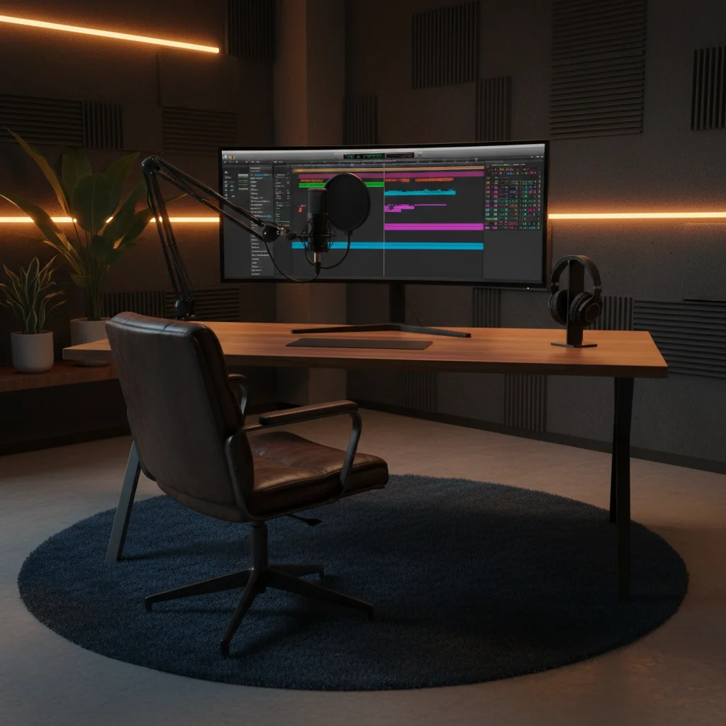 Professional home podcast studio setup with microphone and editing software