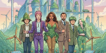 Pop culture icons promoting sustainability in a green, futuristic setting.