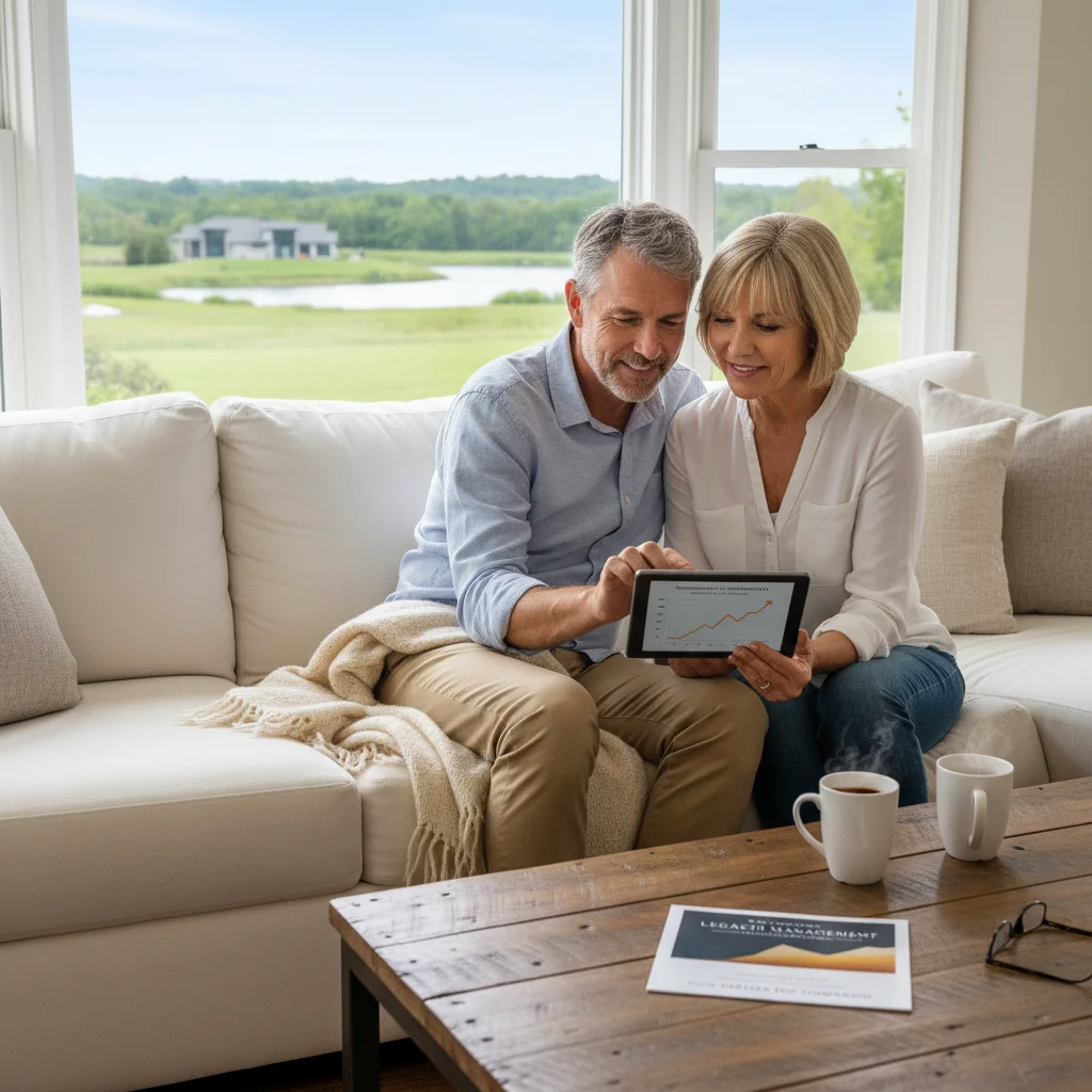 Couple discussing retirement plans on a tablet at home