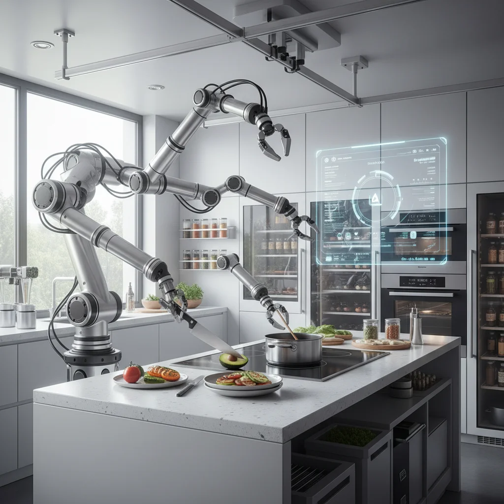 Robotic chef arm preparing food in a smart kitchen, highlighting automation and culinary precision.