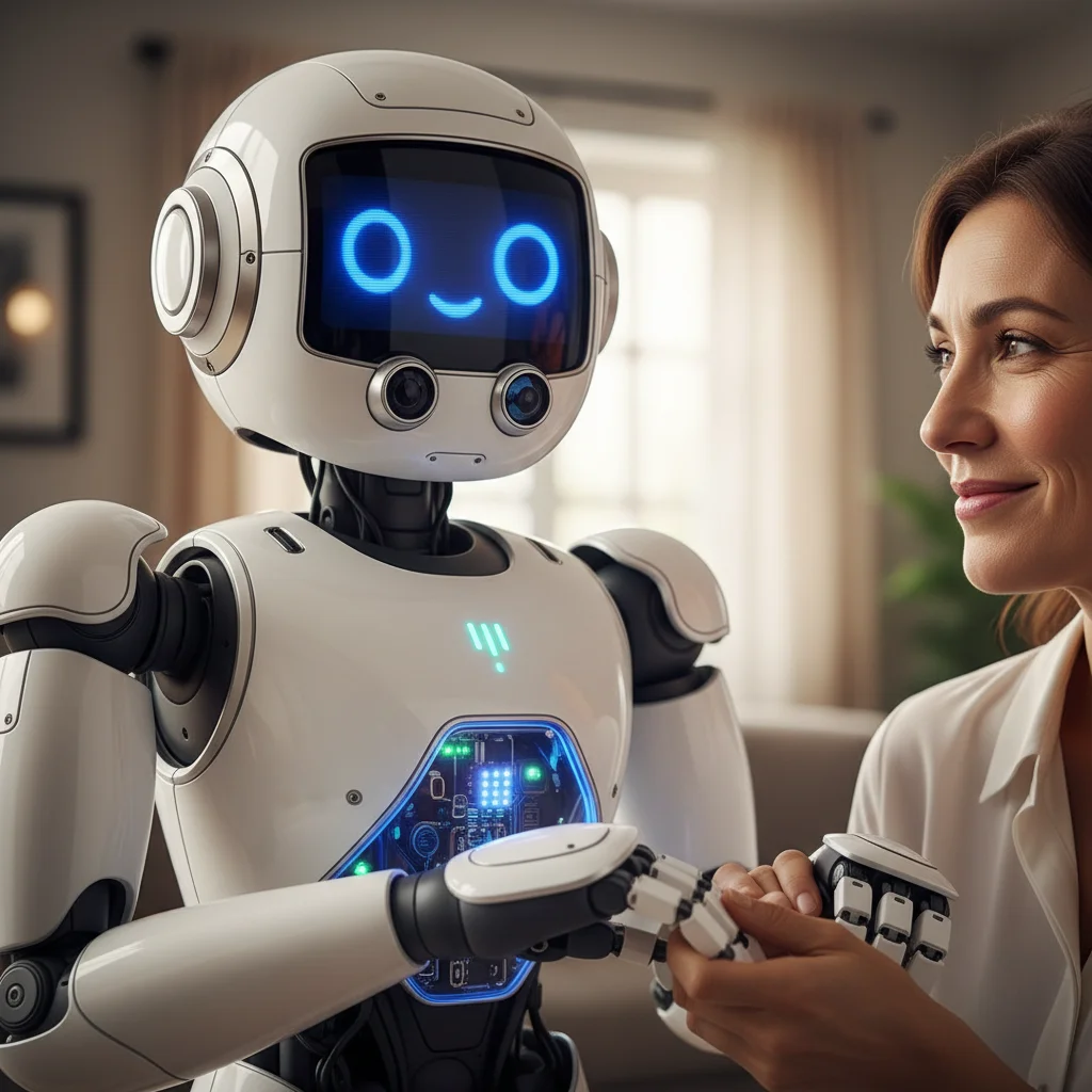 Advanced robotic companion interacting with a human, demonstrating emotional intelligence and helpfulness.