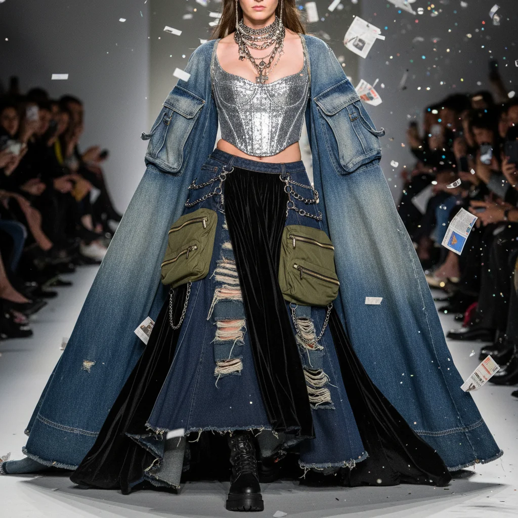 High fashion garment with distressed denim and utilitarian pockets on runway.