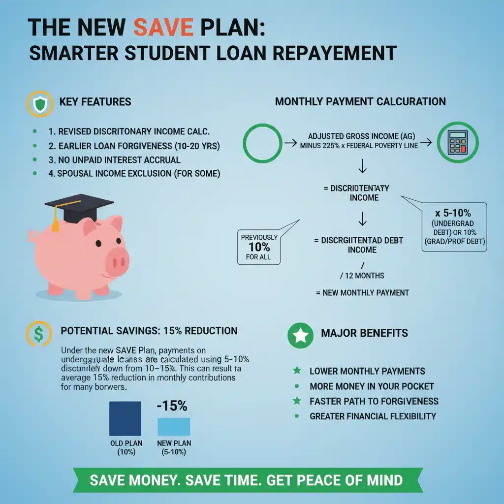 Infographic explaining the new SAVE Plan benefits and payment reduction calculations