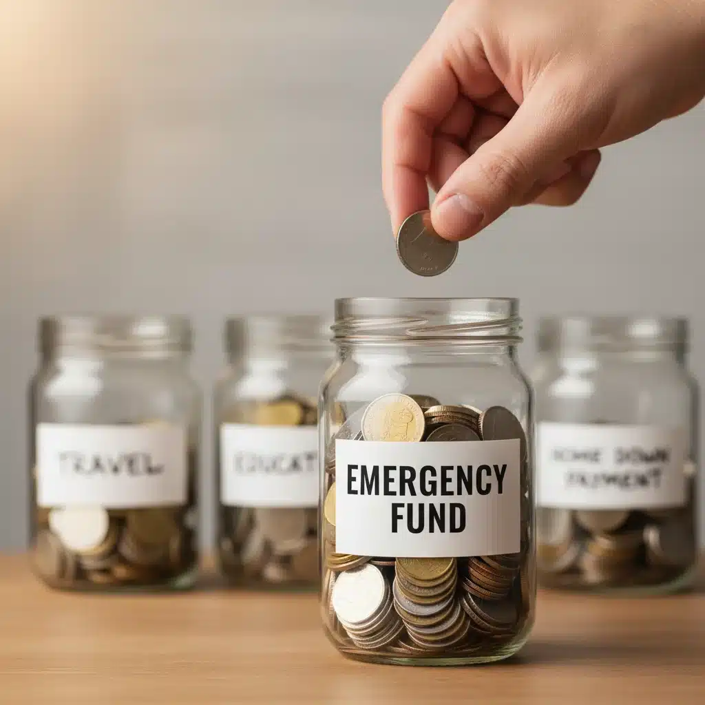 Hand dropping coins into a clear jar marked 'Emergency Fund,' symbolizing consistent saving.