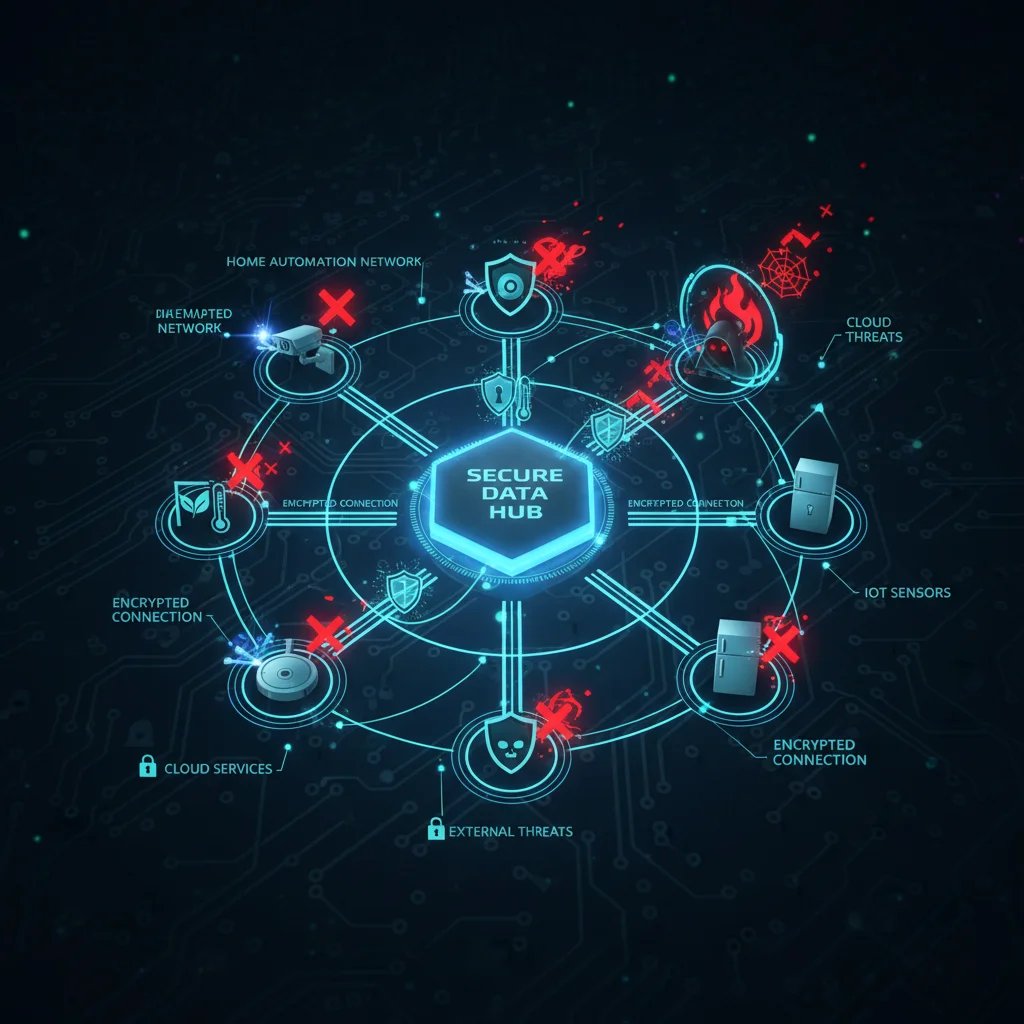 Network diagram showing secure data flow and threat blocking for multiple smart home devices.