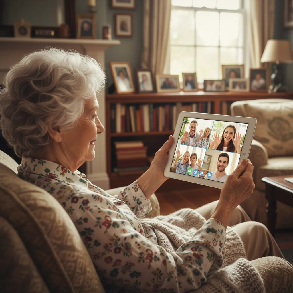 Elderly woman video calling family, highlighting technology for senior social connection.
