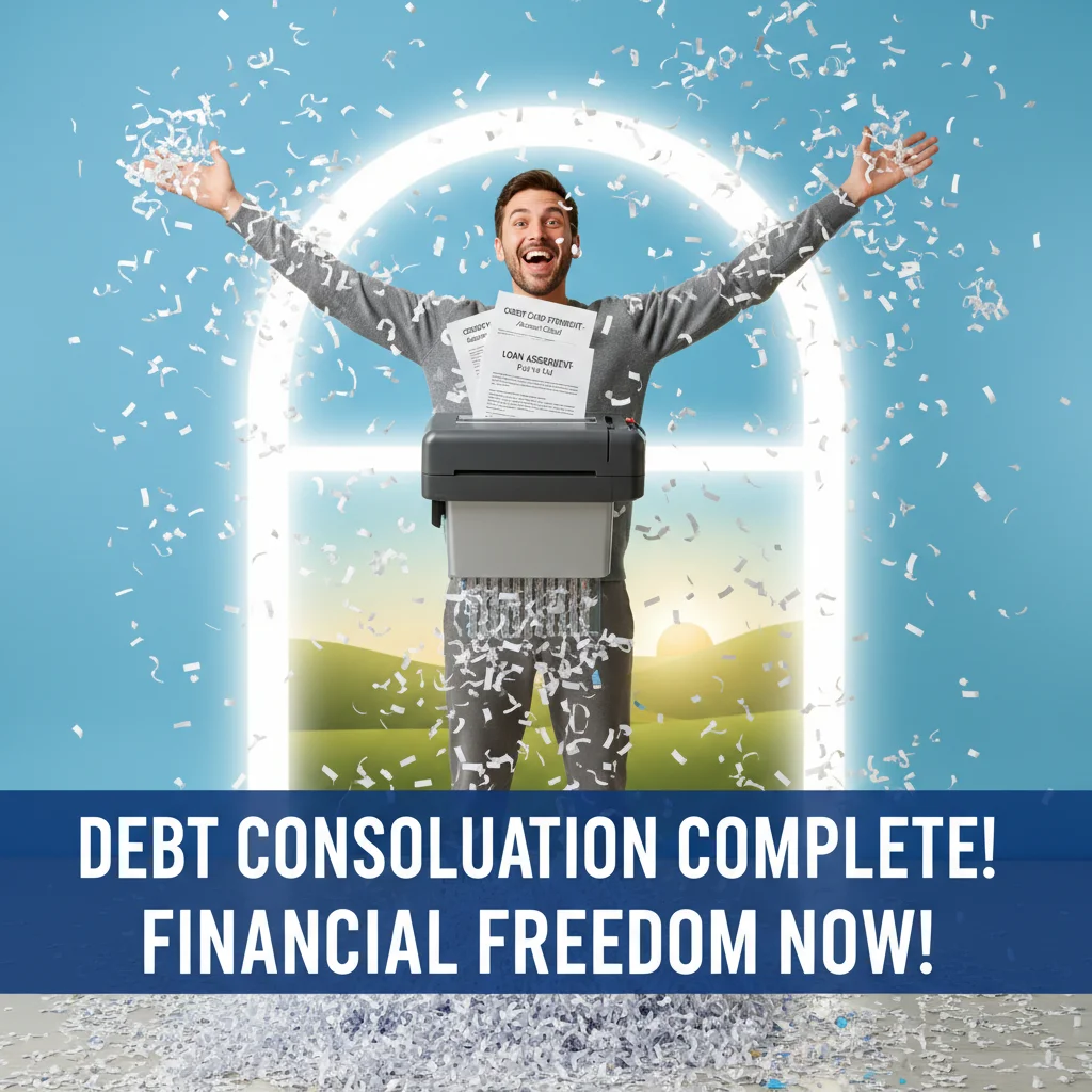 Person shredding old debt documents, symbolizing financial freedom.