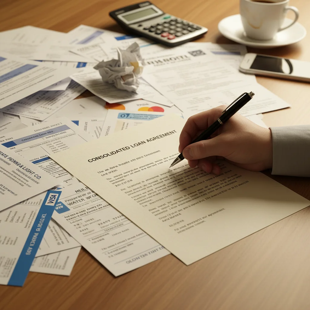 Hand signing a debt consolidation loan agreement, surrounded by bills.