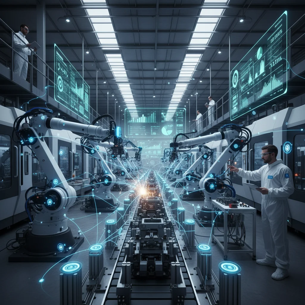 Smart factory floor with robotic automation and IoT sensors leveraging edge computing for real-time operational insights.