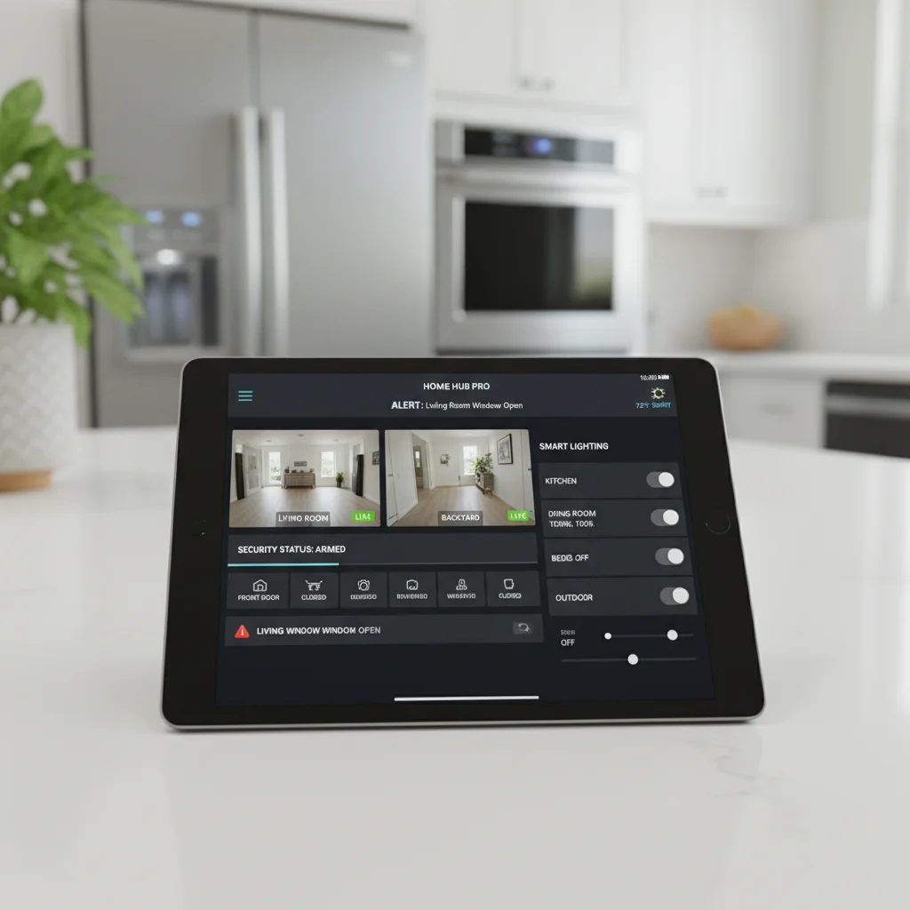 Smart home security dashboard on a tablet showing camera feeds and sensor status.
