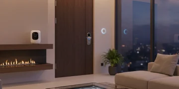 Integrated smart home security system with camera, smart lock, and sensor in a modern living room.