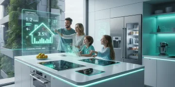 Integrated smart kitchen appliances display energy savings data on a tablet.