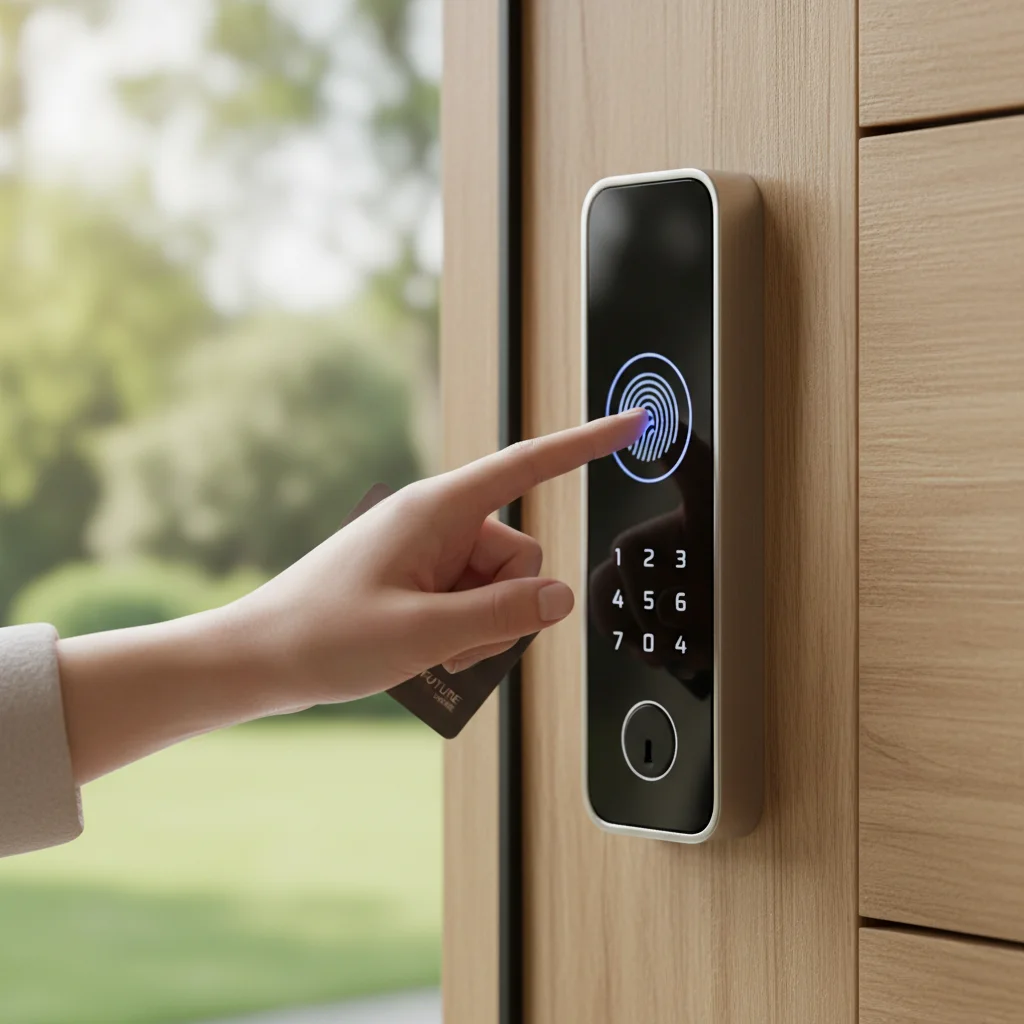 Hand operating a modern smart lock with keypad and fingerprint scanner on a wooden door.
