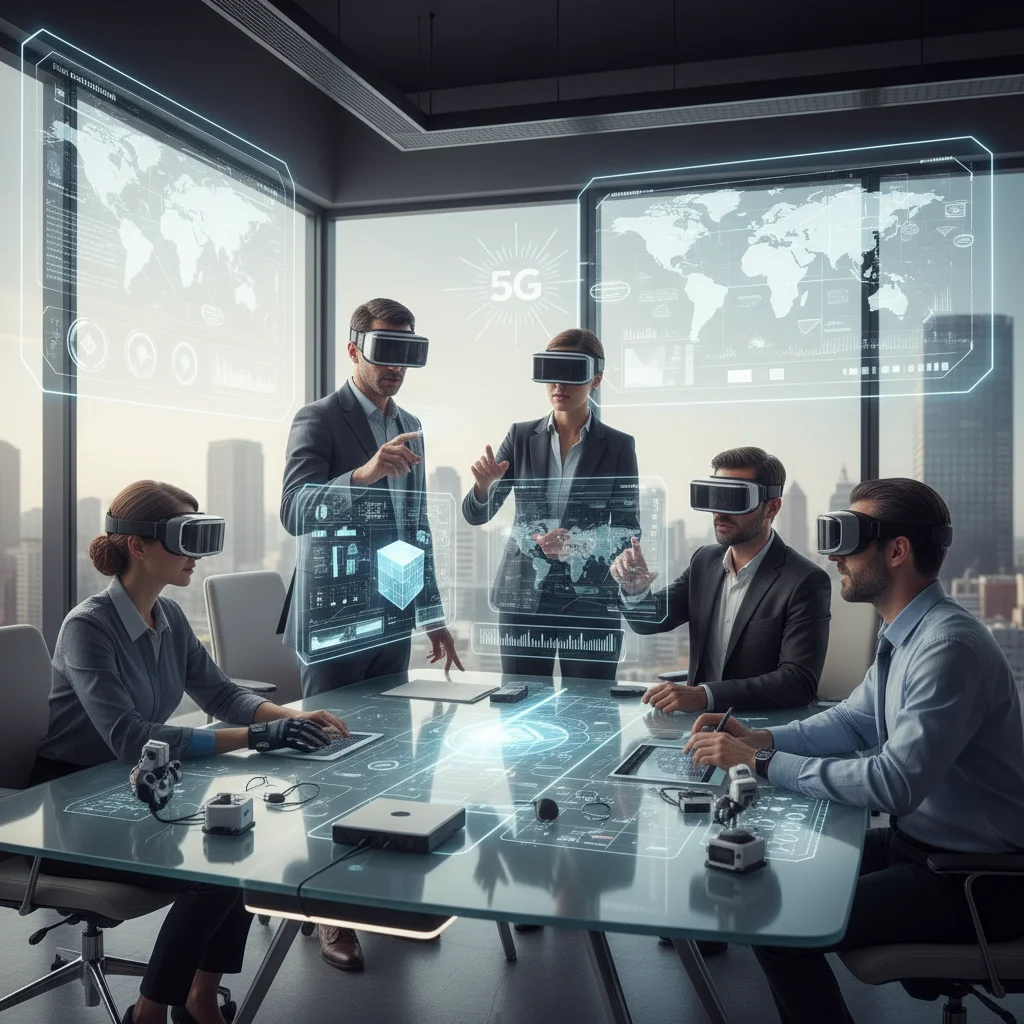 Professionals using AR and connected devices in a smart office with 5G