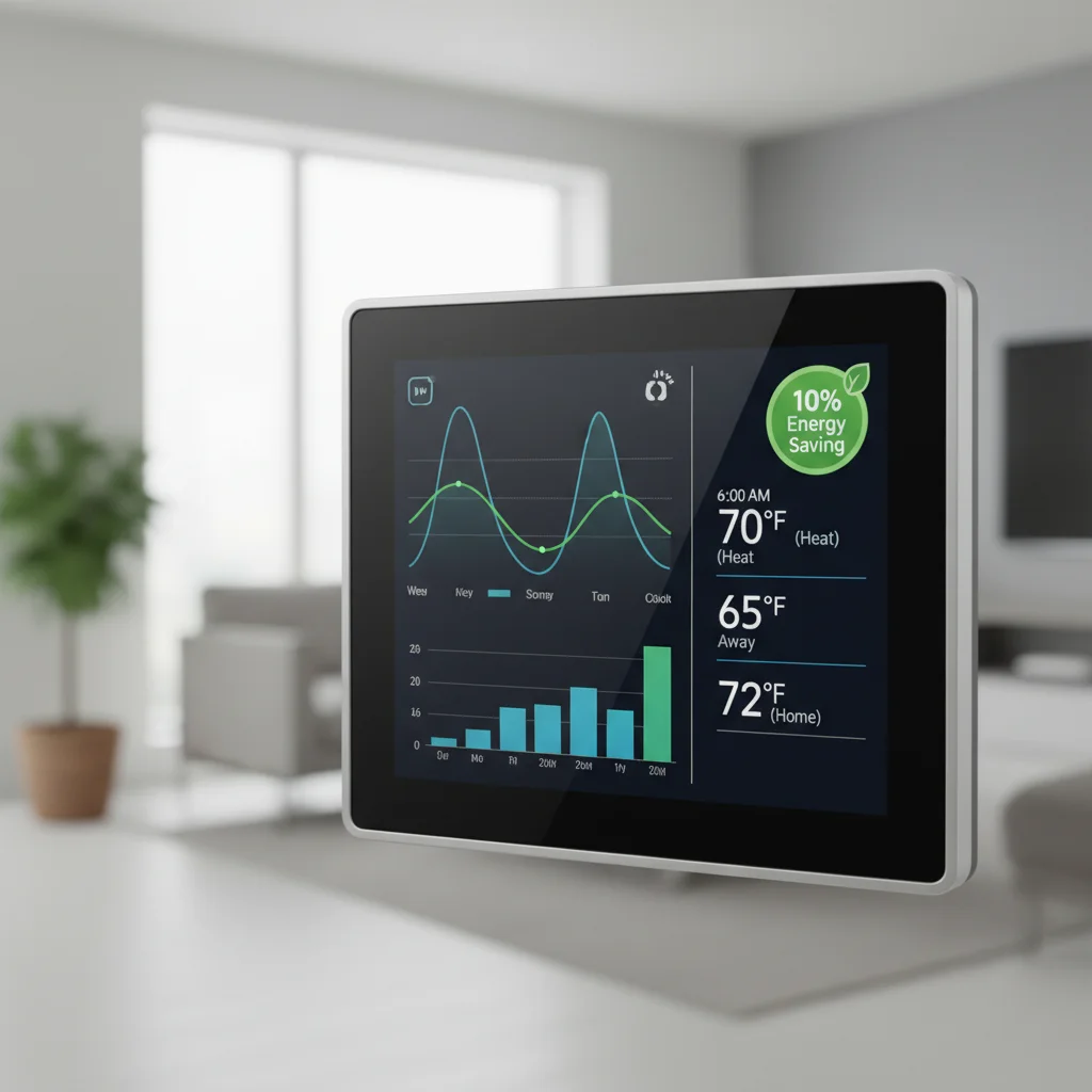 Smart thermostat displaying energy consumption and savings.