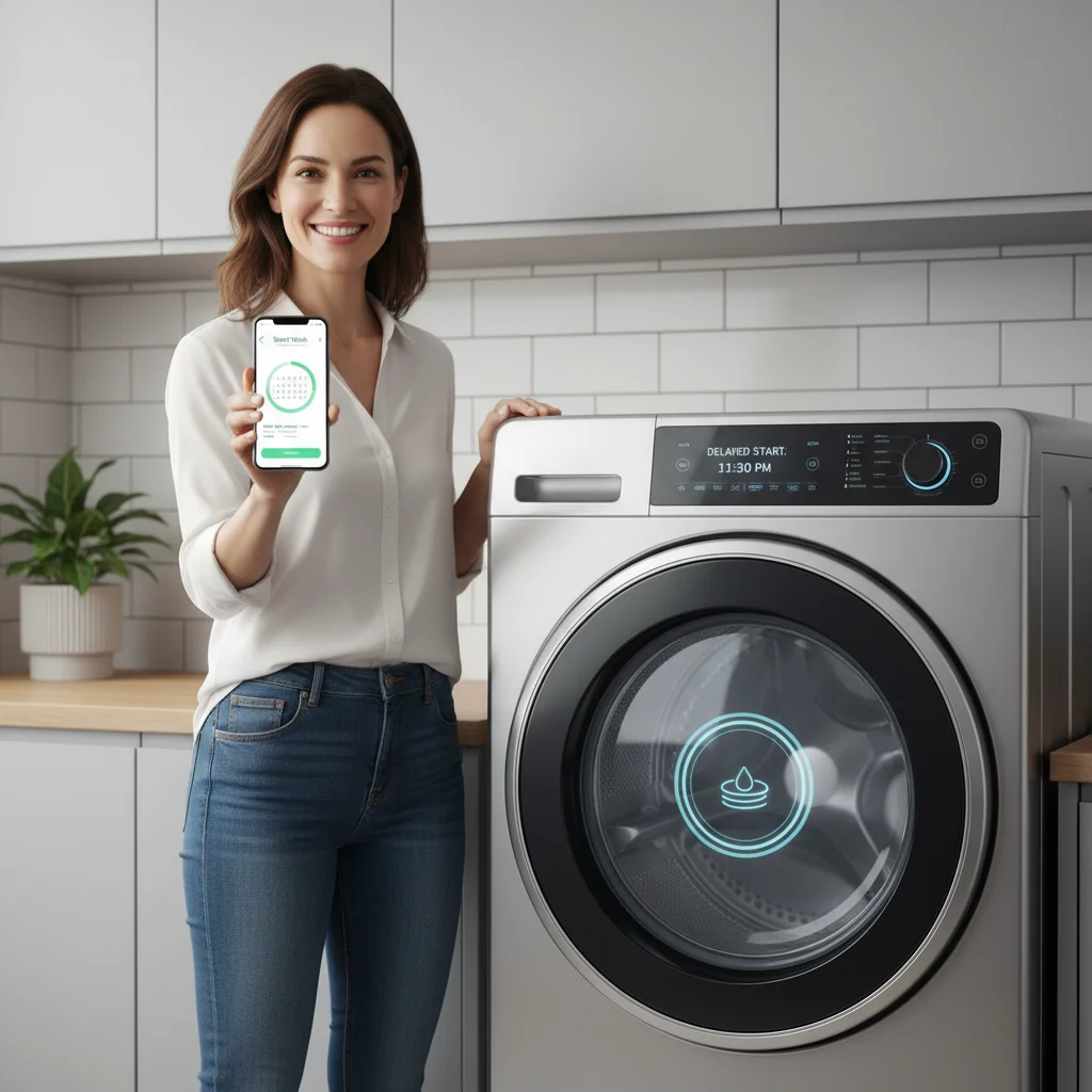 Woman scheduling smart washing machine cycle via smartphone app.