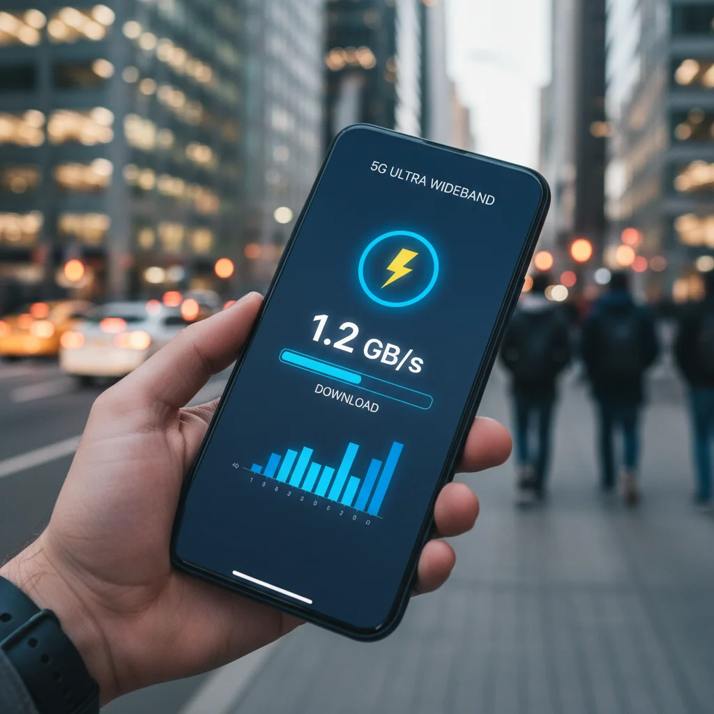Smartphone showing fast download speed on 5G network