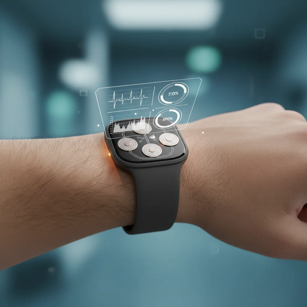 Close-up of a smartwatch with visible sensors on a wrist, collecting biometric data.