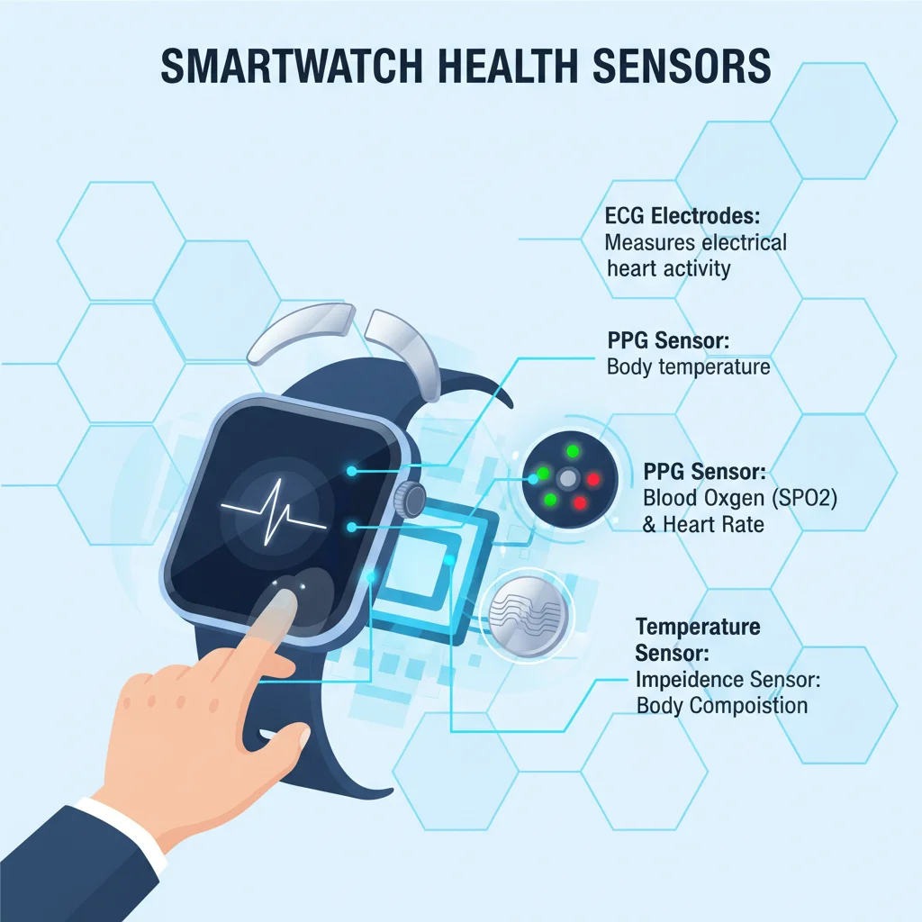 Infographic showing smartwatch health sensors and their functions.