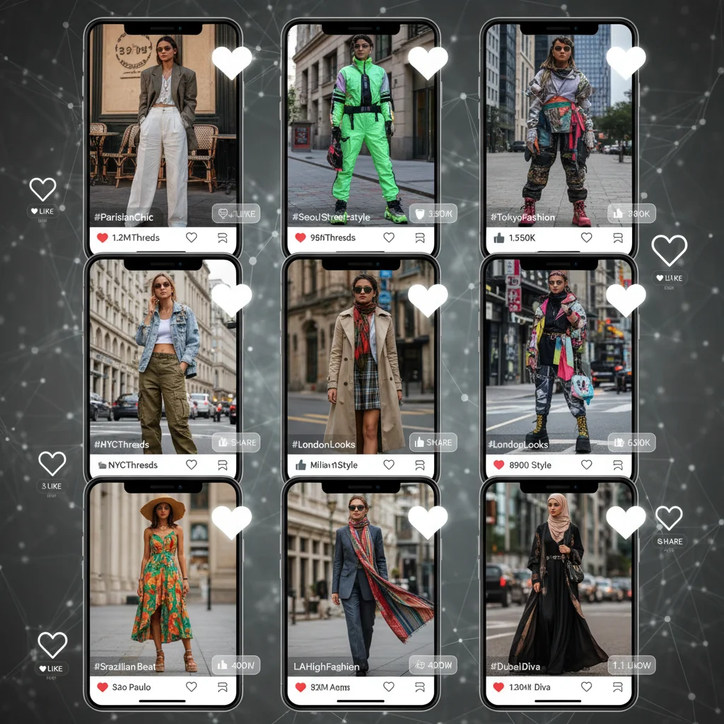 Social media influencers displaying diverse street style outfits on smartphone screens.