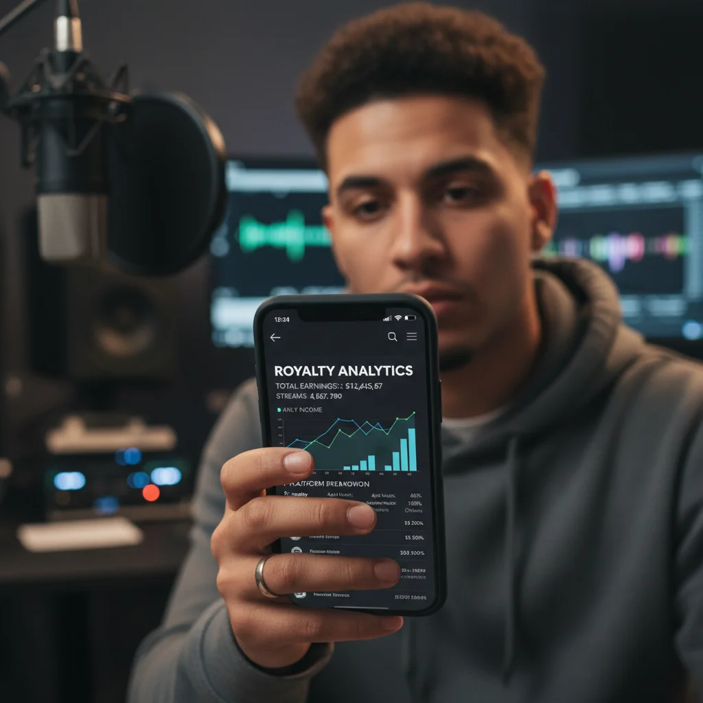 Musician analyzing streaming royalties and data on a smartphone app