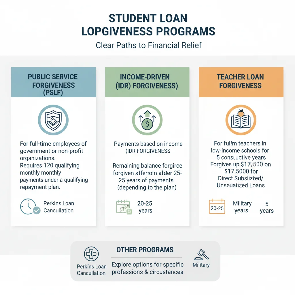 Infographic detailing various student loan forgiveness programs and their eligibility.