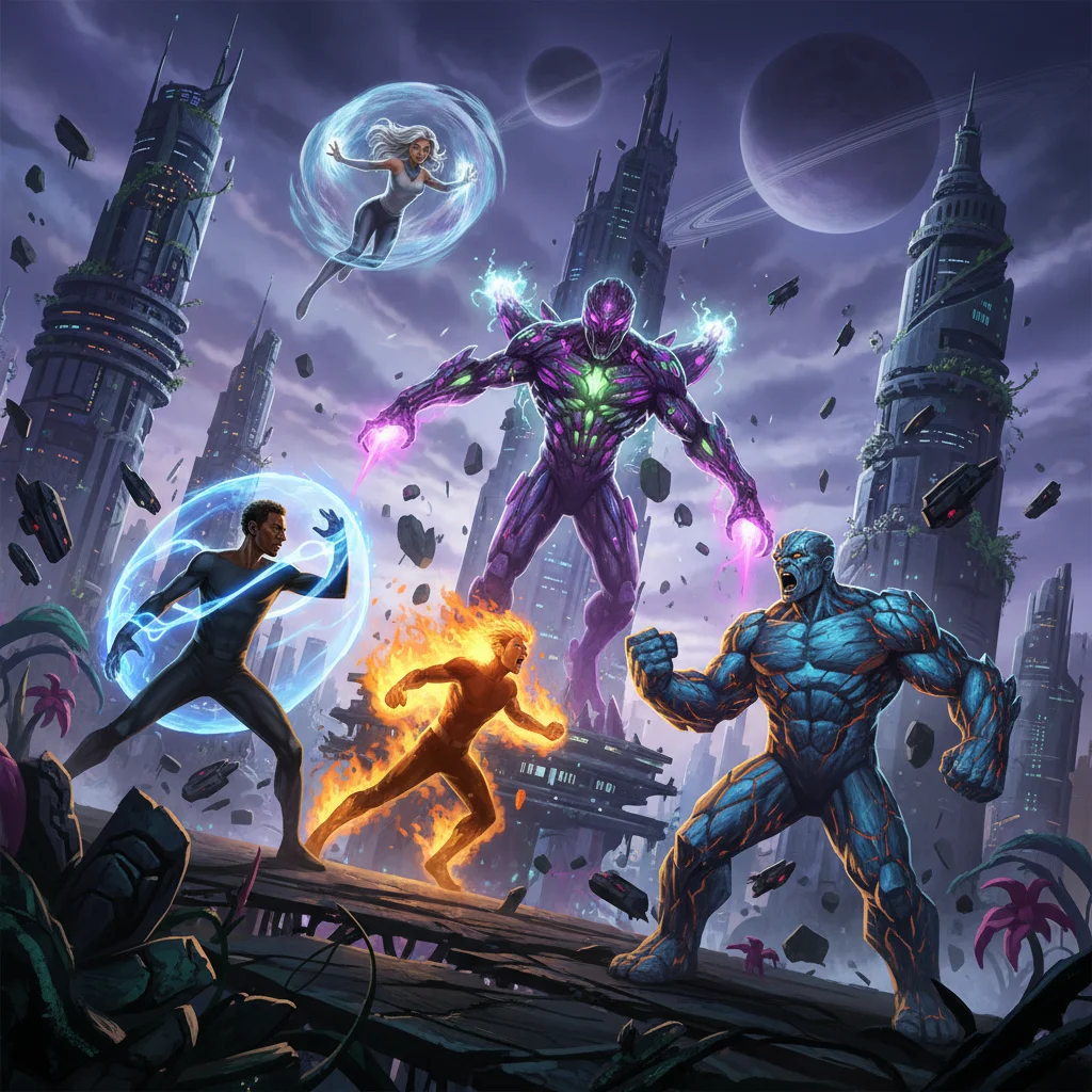 Concept art of a diverse superhero team in action, hinting at a 2026 comic book movie.