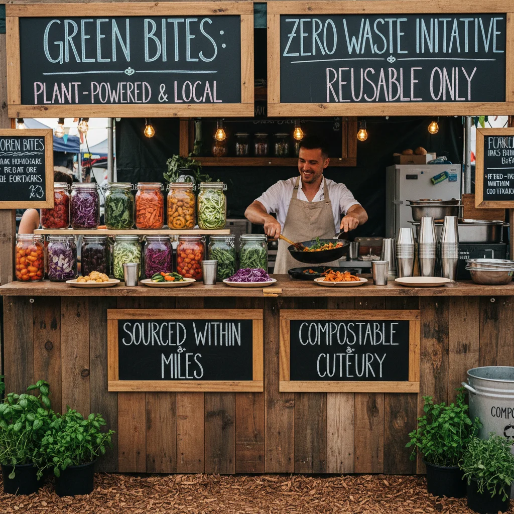 Sustainable food stall at a music festival promoting plant-based and local ingredients.