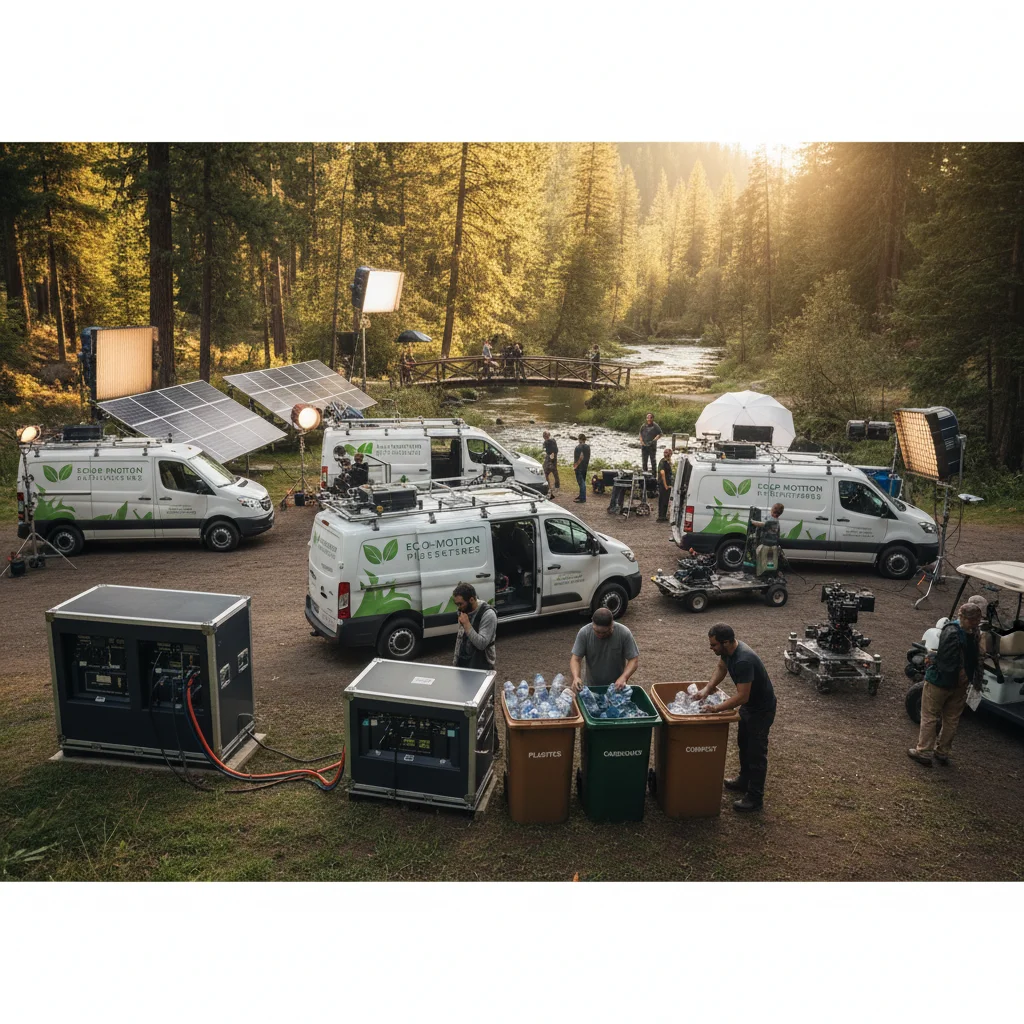 Sustainable film production set with solar power and recycling.